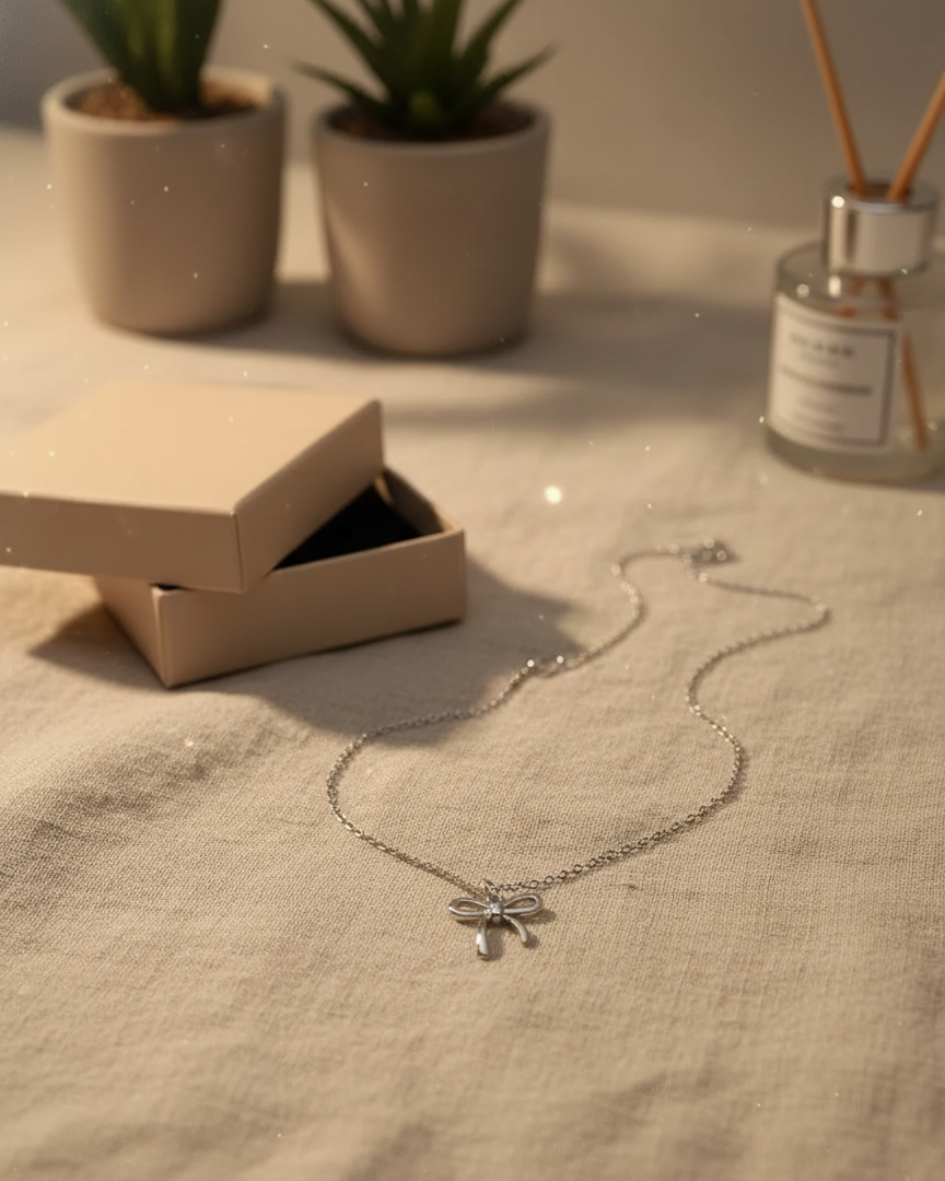 Silver necklace with a pendant on a textured surface with plants and a box in the background